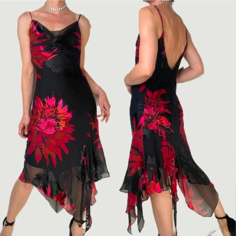 Cache silk beaded floral slip Cocktail dress sequin midi neck - Picture 1 of 4